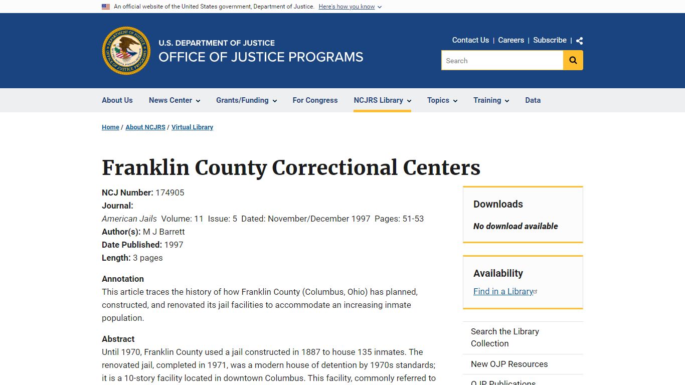 Franklin County Correctional Centers | Office of Justice Programs